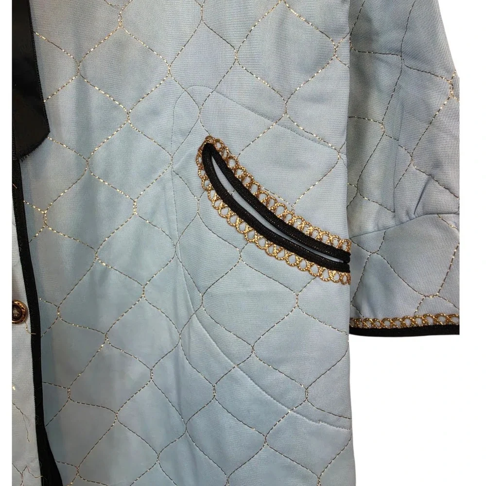 Vintage Light Blue Quilted Coat Kids Gold Trim Ribbon Bow Peter Pan Collar